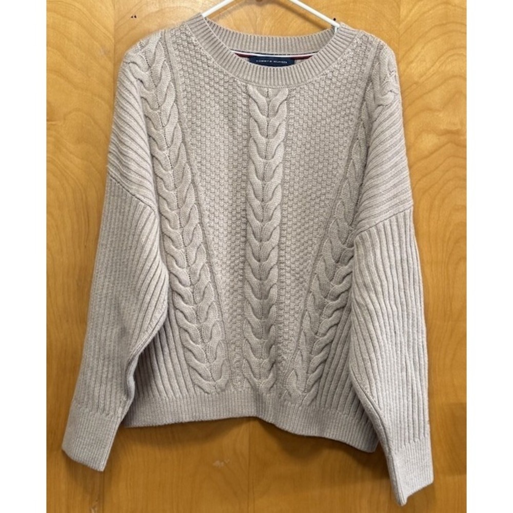 Tommy Hilfiger Womens Crew Neck Cable Knit Sweater Relaxed Fit Coastal Cable L